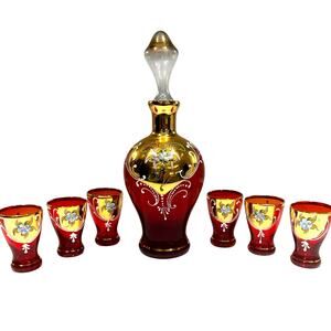Bohemian Cranberry Glass Decanter Shot Glass Set Hand Painted Gold Floral Design
